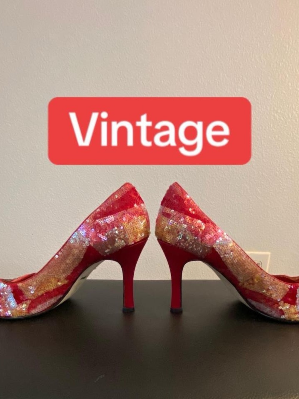 Caparros Red Sequin Heels with Gold Accents